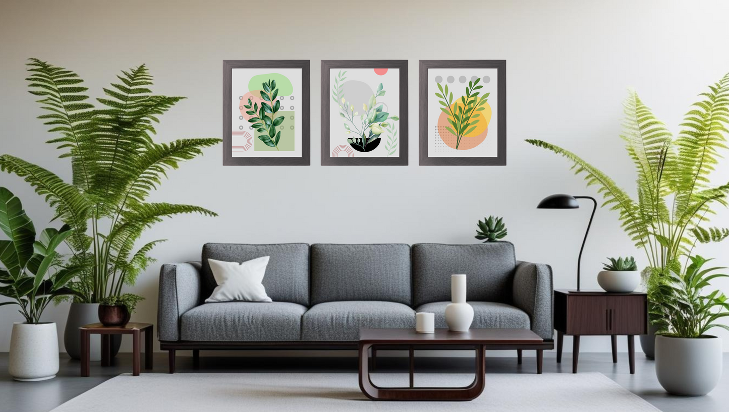 Minimalist Botanical Wall Art Set of 3 – Modern Green Leaf Prints for Living Room & Office Décor