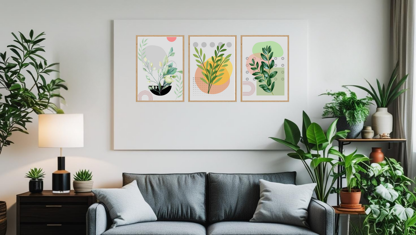 Minimalist Botanical Wall Art Set of 3 – Modern Green Leaf Prints for Living Room & Office Décor