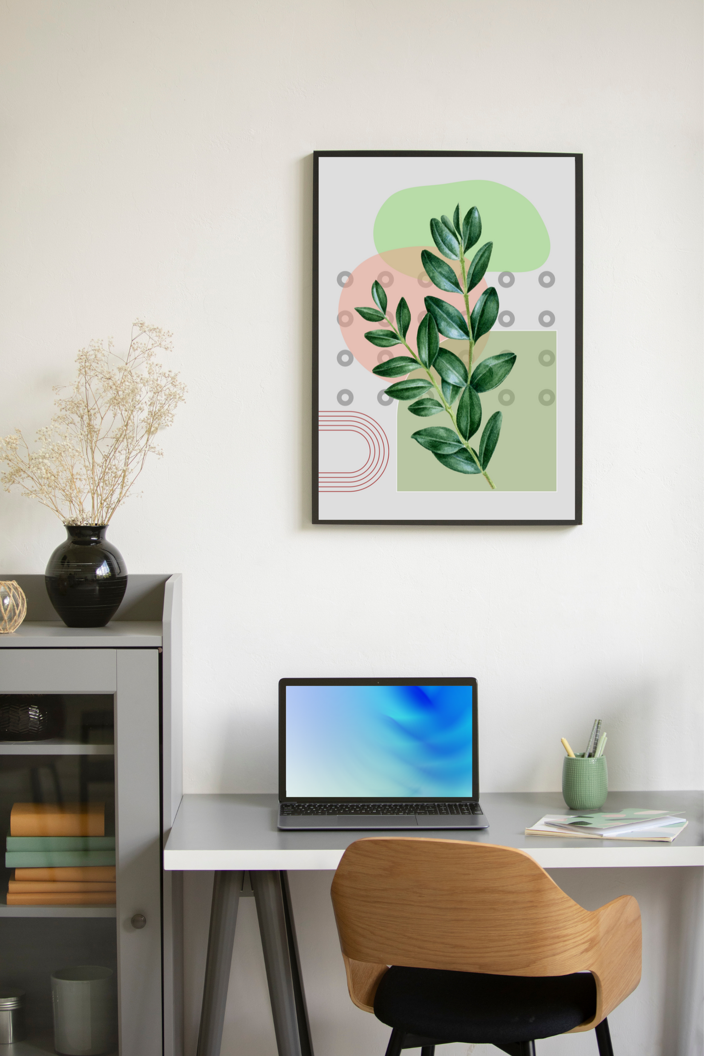 Minimalist Botanical Wall Art Set of 3 – Modern Green Leaf Prints for Living Room & Office Décor
