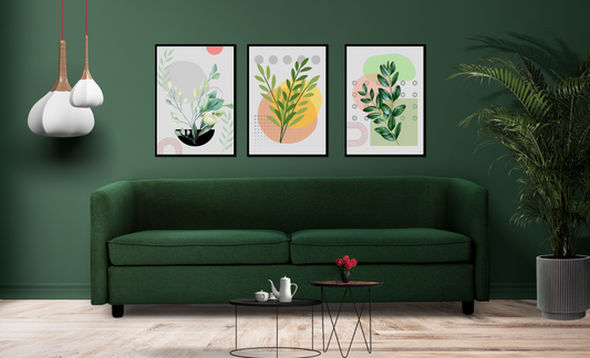 Minimalist Botanical Wall Art Set of 3 – Modern Green Leaf Prints for Living Room & Office Décor