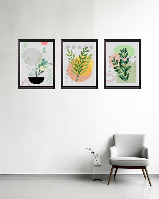 Minimalist Botanical Wall Art Set of 3 – Modern Green Leaf Prints for Living Room & Office Décor